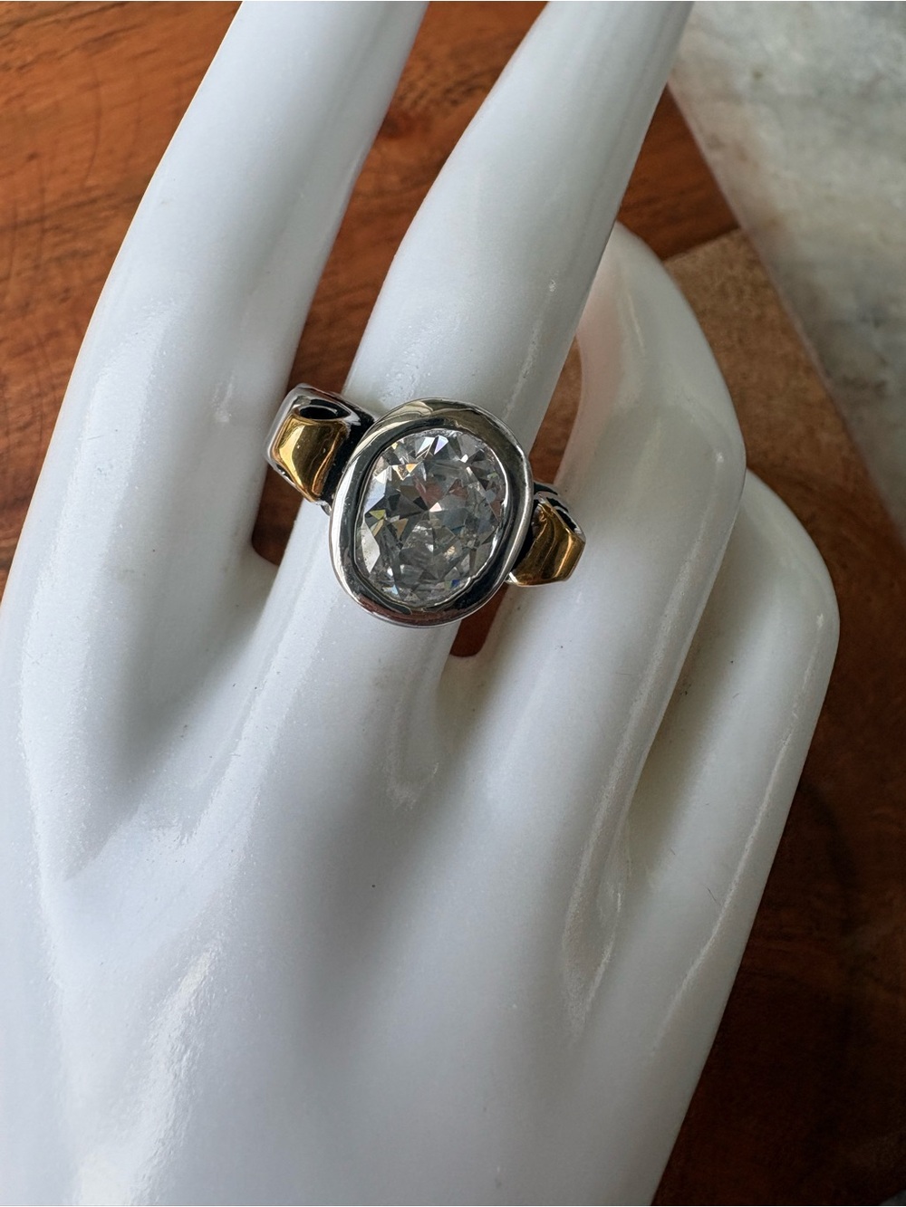 Unique Two-Tone Silver and Gold Oval Crystal Statement Ring - Size 8